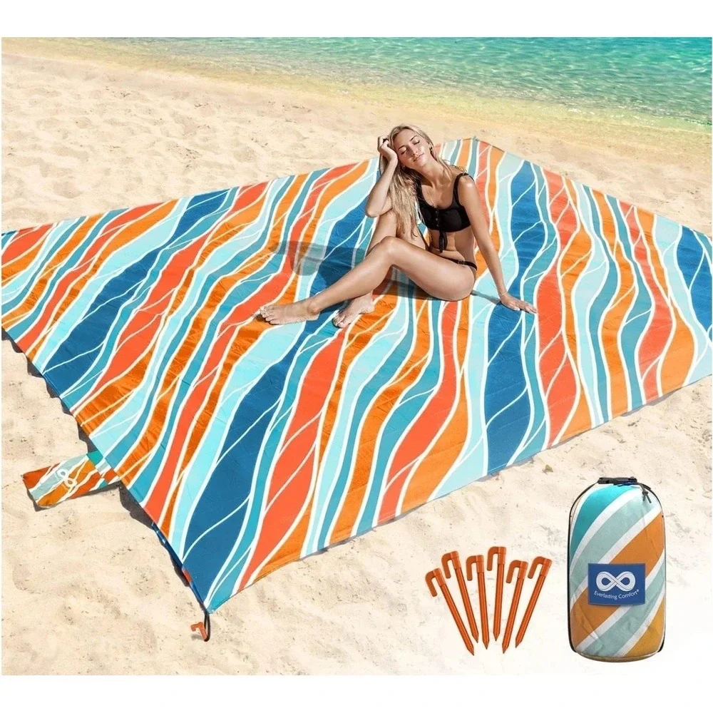 Everlasting Comfort Large Beach Blanket, 10 People, 6 Stakes (Orange - 10'8
